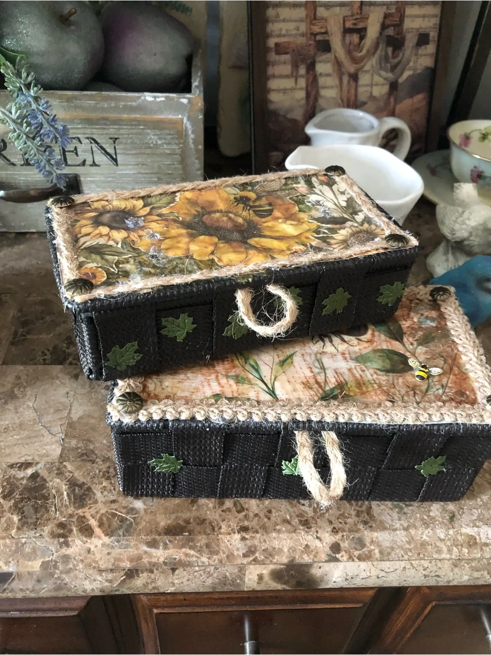 Handcrafted Sunflower Decorative Storage Boxes - Black and Yellow